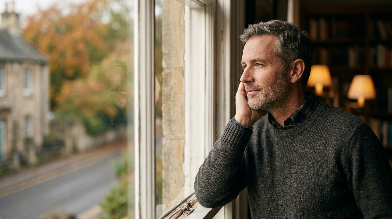 Contemplative man looking thoughtfully out window