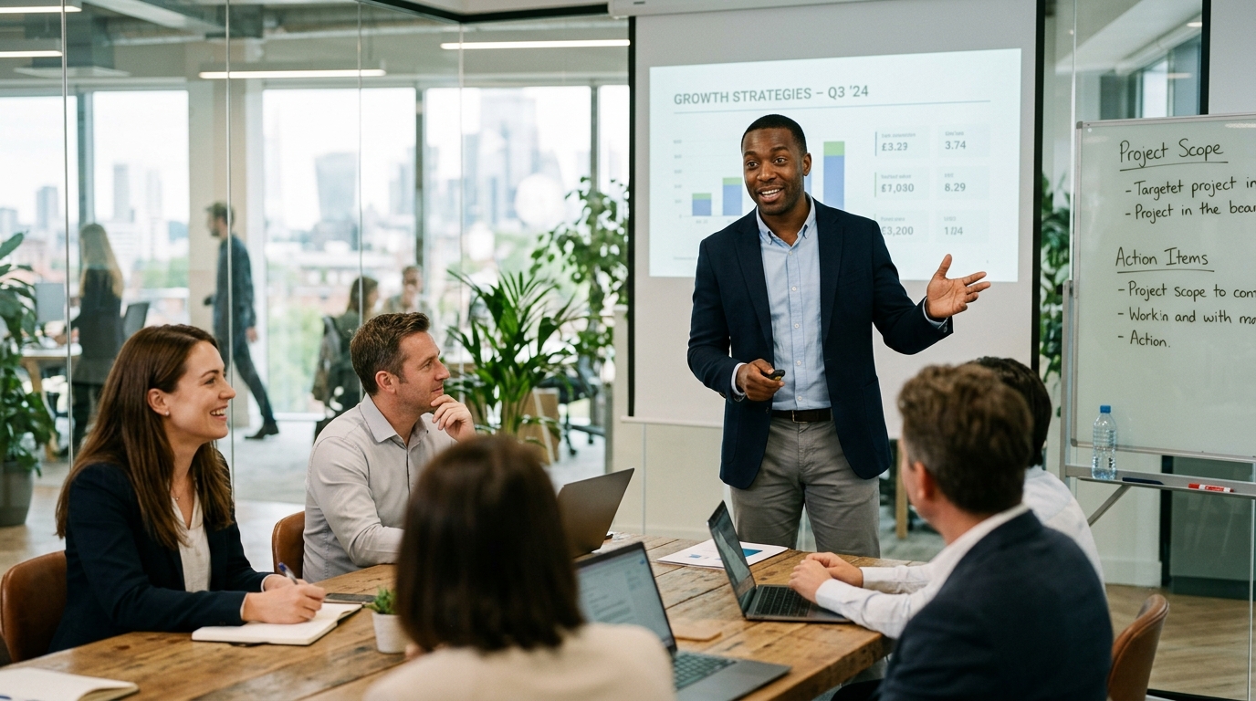 Man confidently presenting in bright conference room