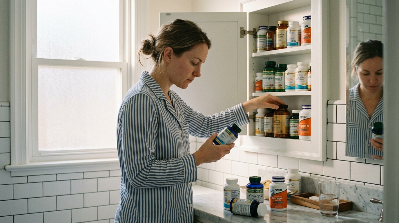 woman organizing omega-3 supplements in bathroom medicine cabinet