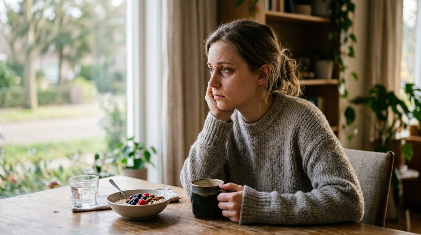 woman looking tired at breakfast table despite good sleep