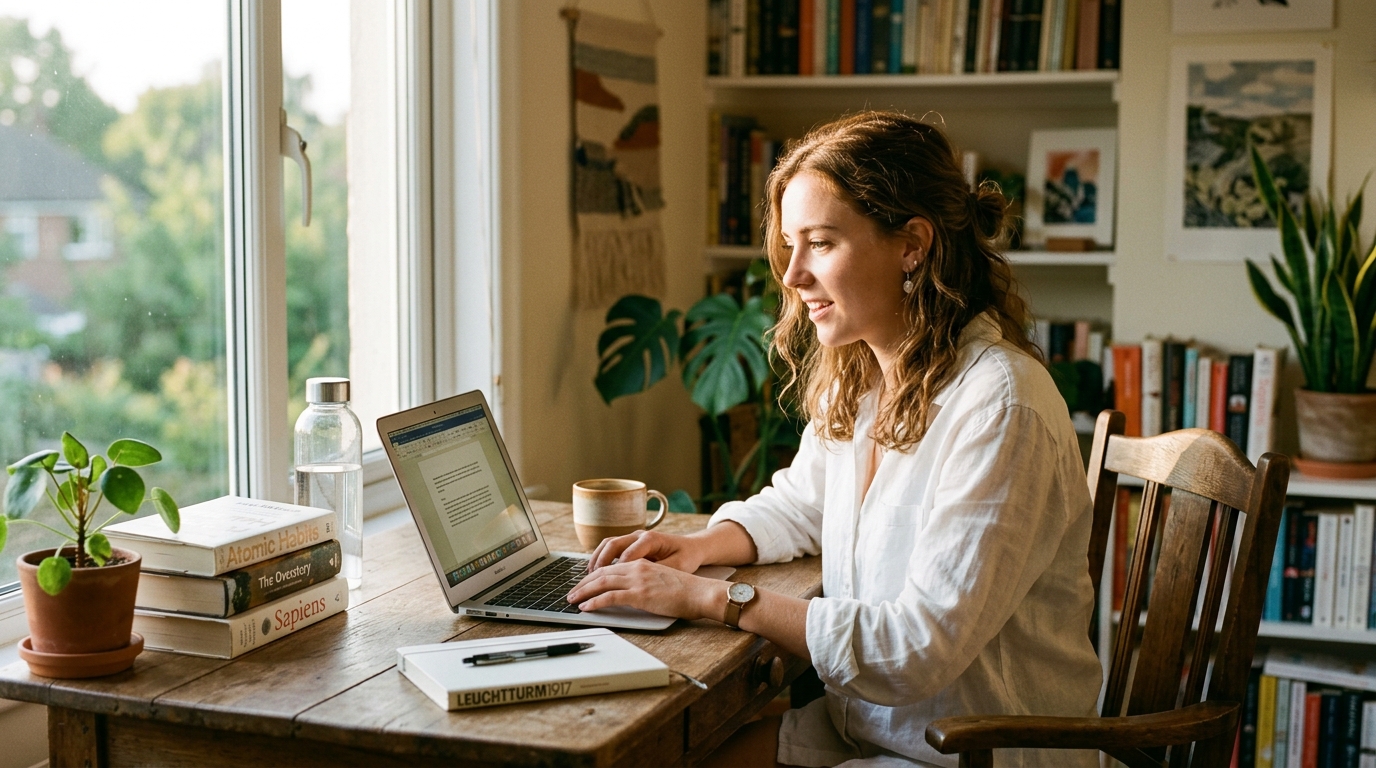 woman working alertly at laptop in afternoon light