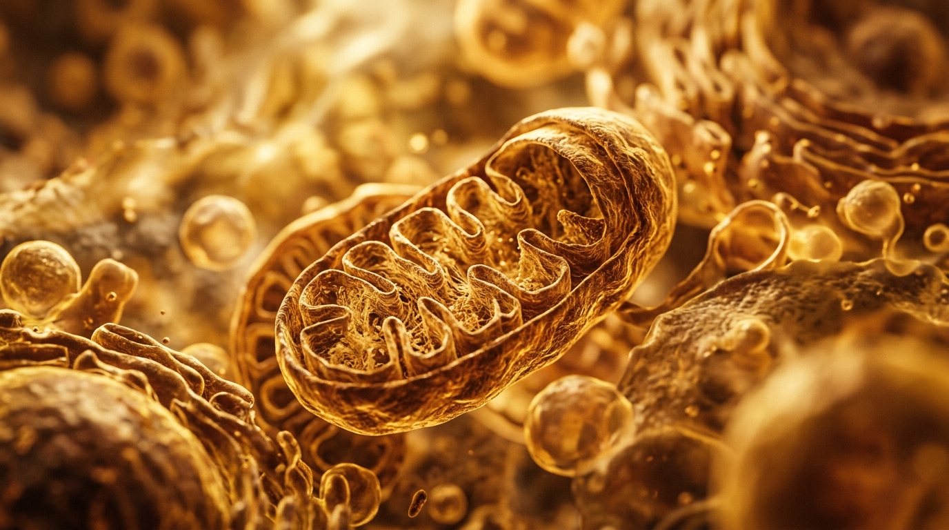 abstract cellular structures representing mitochondrial function golden light