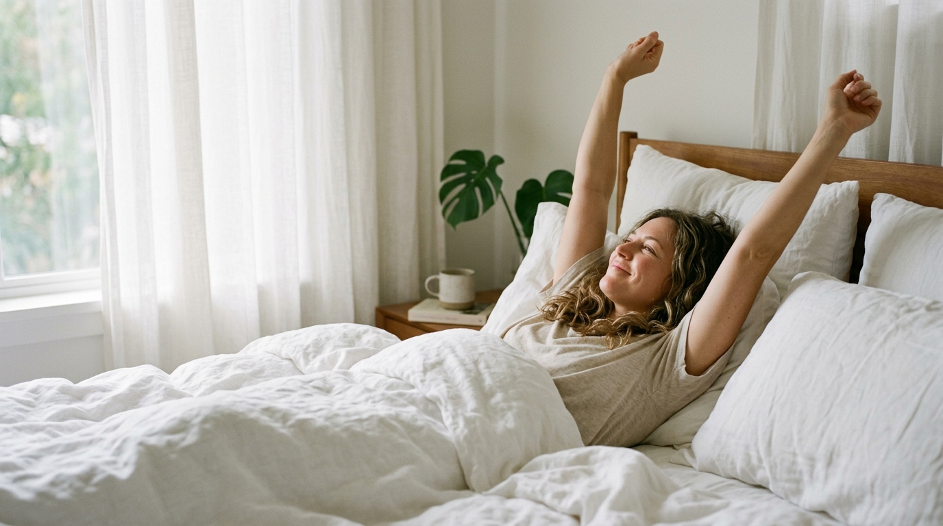 woman waking up naturally and peacefully in morning light