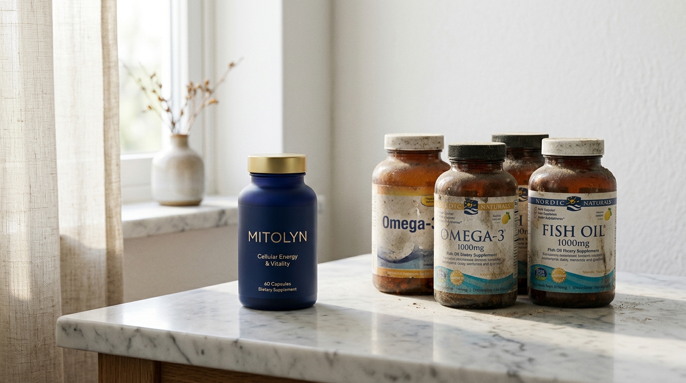 dusty omega-3 bottles contrasted with single Mitolyn supplement