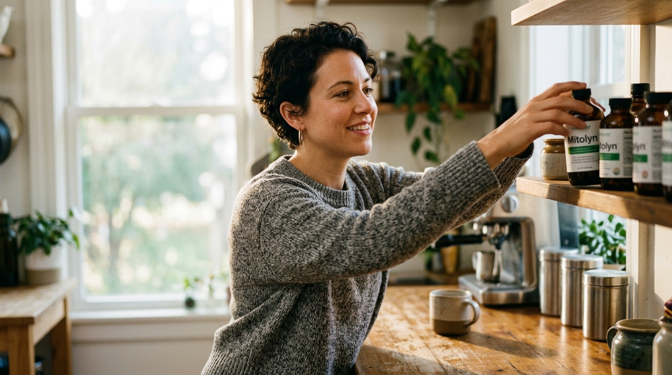 confident woman reaching for Mitolyn in morning kitchen routine