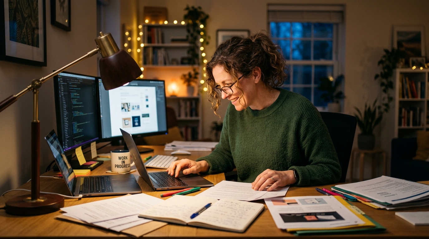 woman working productively in evening hours