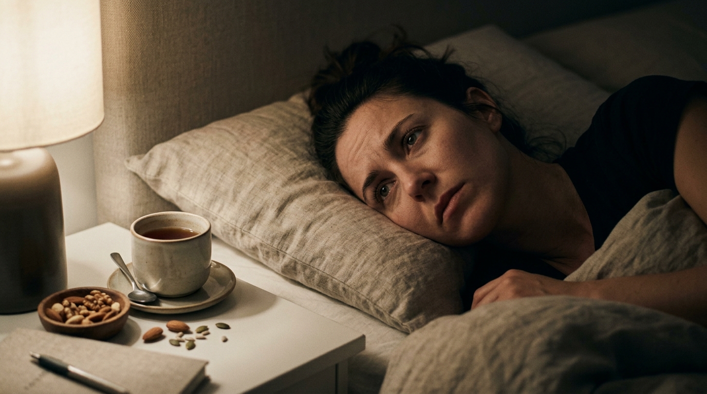 woman lying awake at night with restless expression