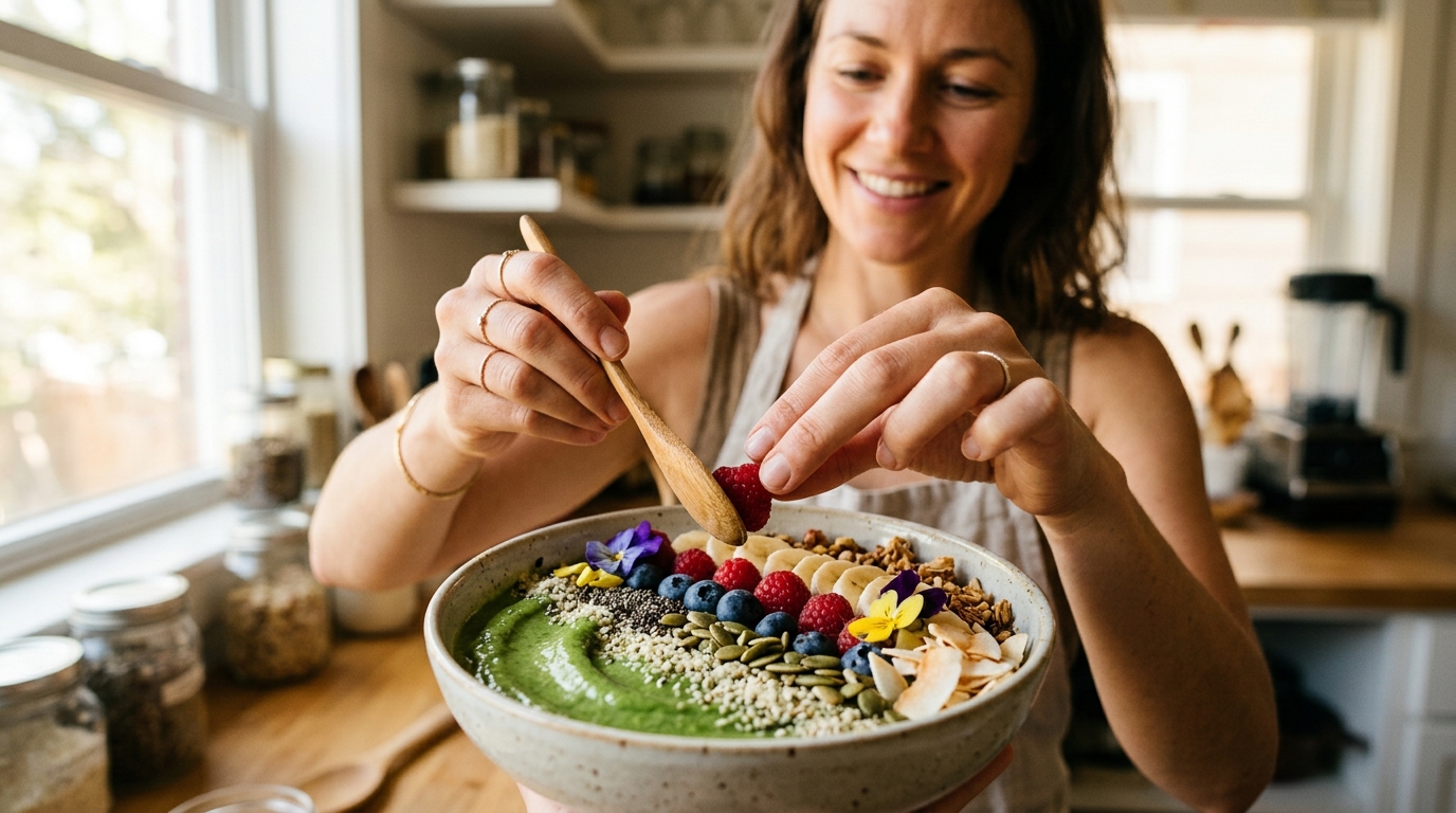 hands preparing vibrant plant based smoothie bowl