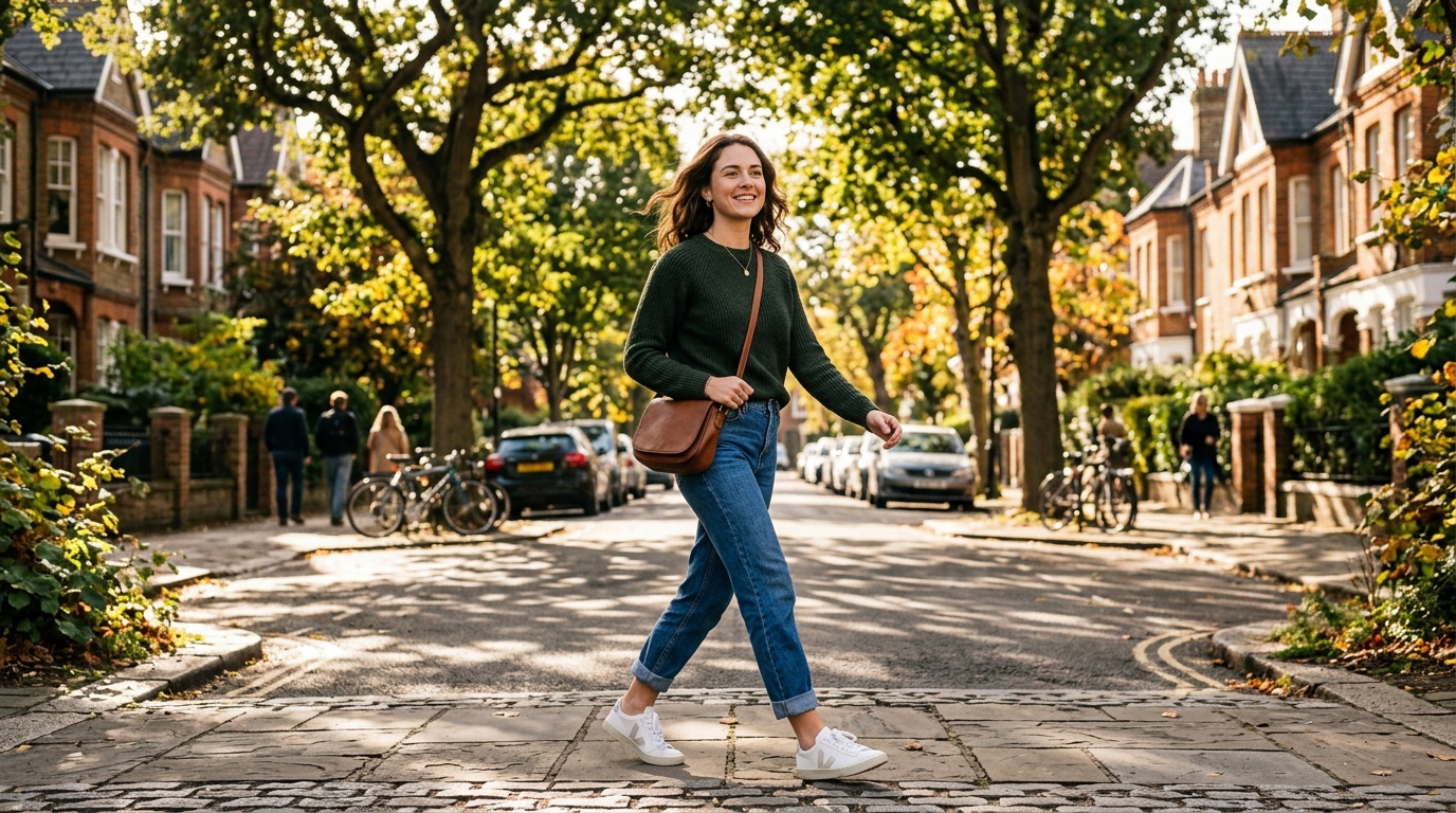 woman walking confidently in dappled afternoon sunlight