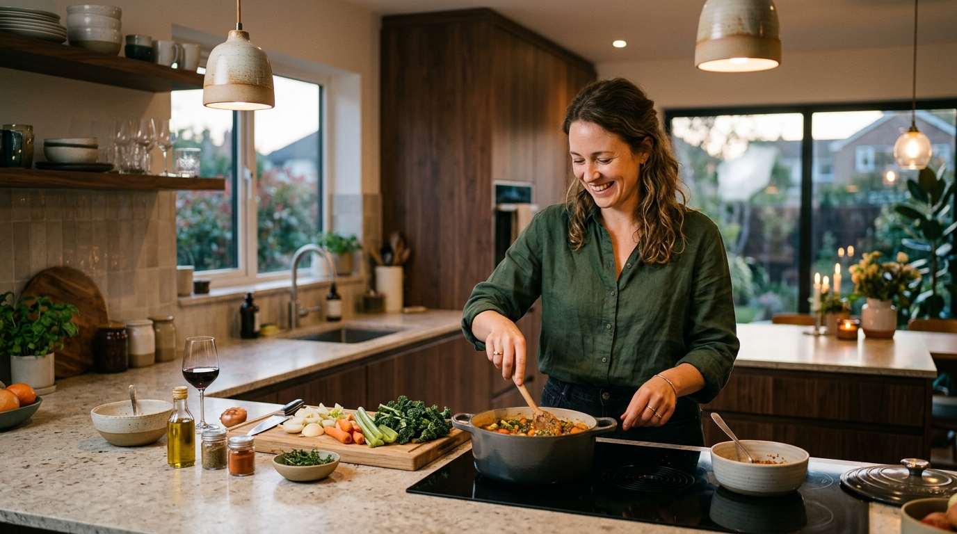 woman cooking dinner with relaxed contentment at evening