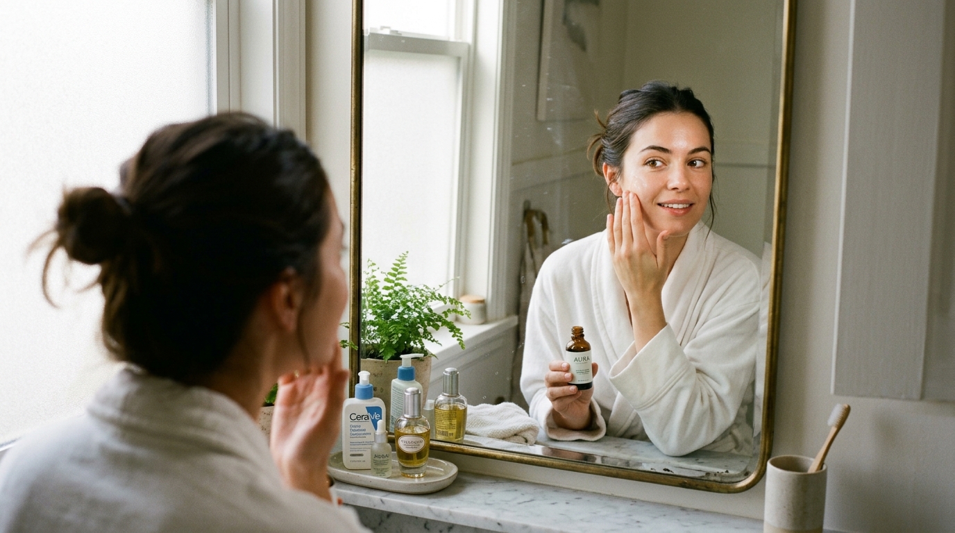 woman looking at peaceful reflection during morning routine