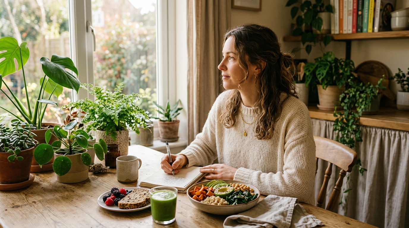 woman writing thoughtfully at table with plant based foods
