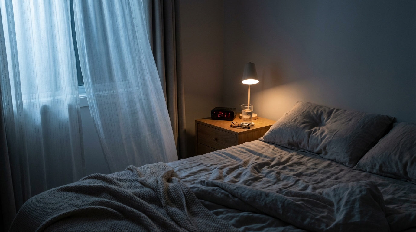Bedroom night scene with clock showing 2:11 and rumpled bedding