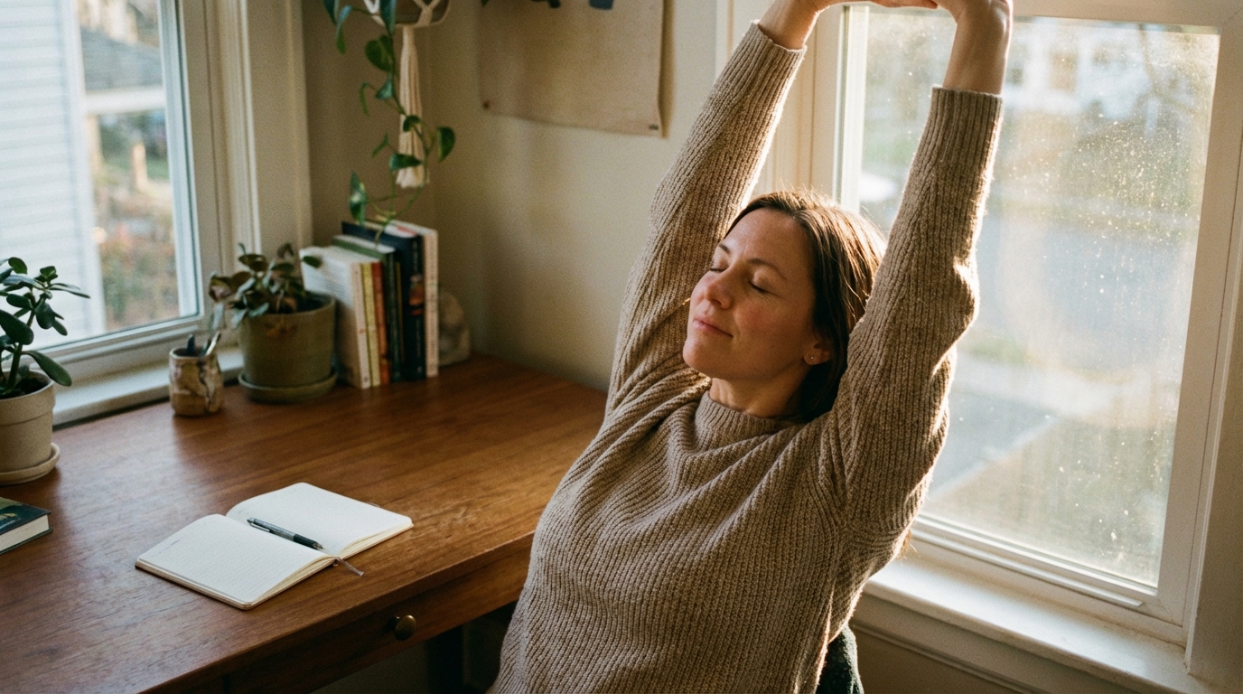 Woman stretching calmly by a window after desk work