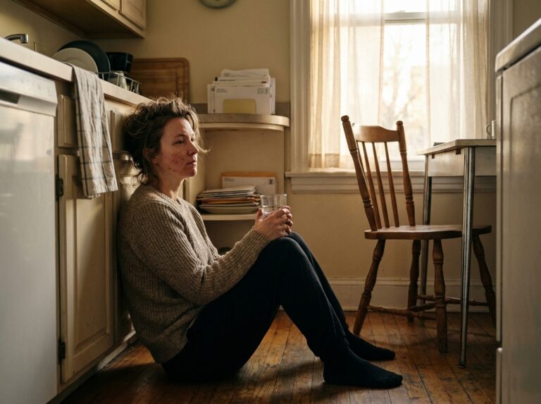 Person holding water on kitchen floor in soft sunrise light
