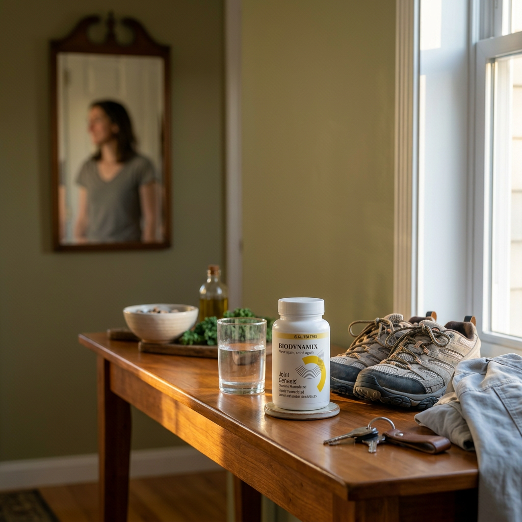 Supplement bottle on an entryway table beside walking shoes in warm late-day light