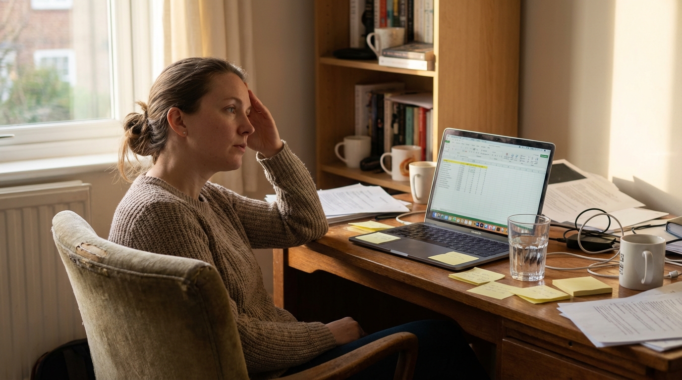 Woman at desk in late afternoon fatigue