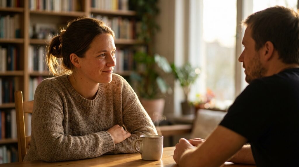 Two people talking calmly in warm window light