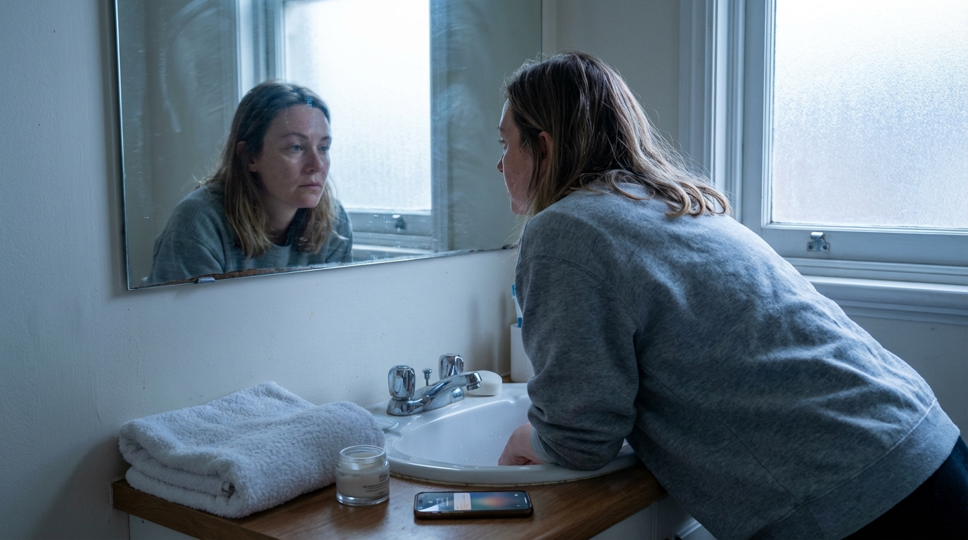 Woman pausing at the sink in early morning light