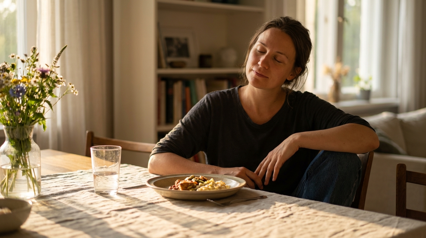 Woman breathing slowly before eating dinner