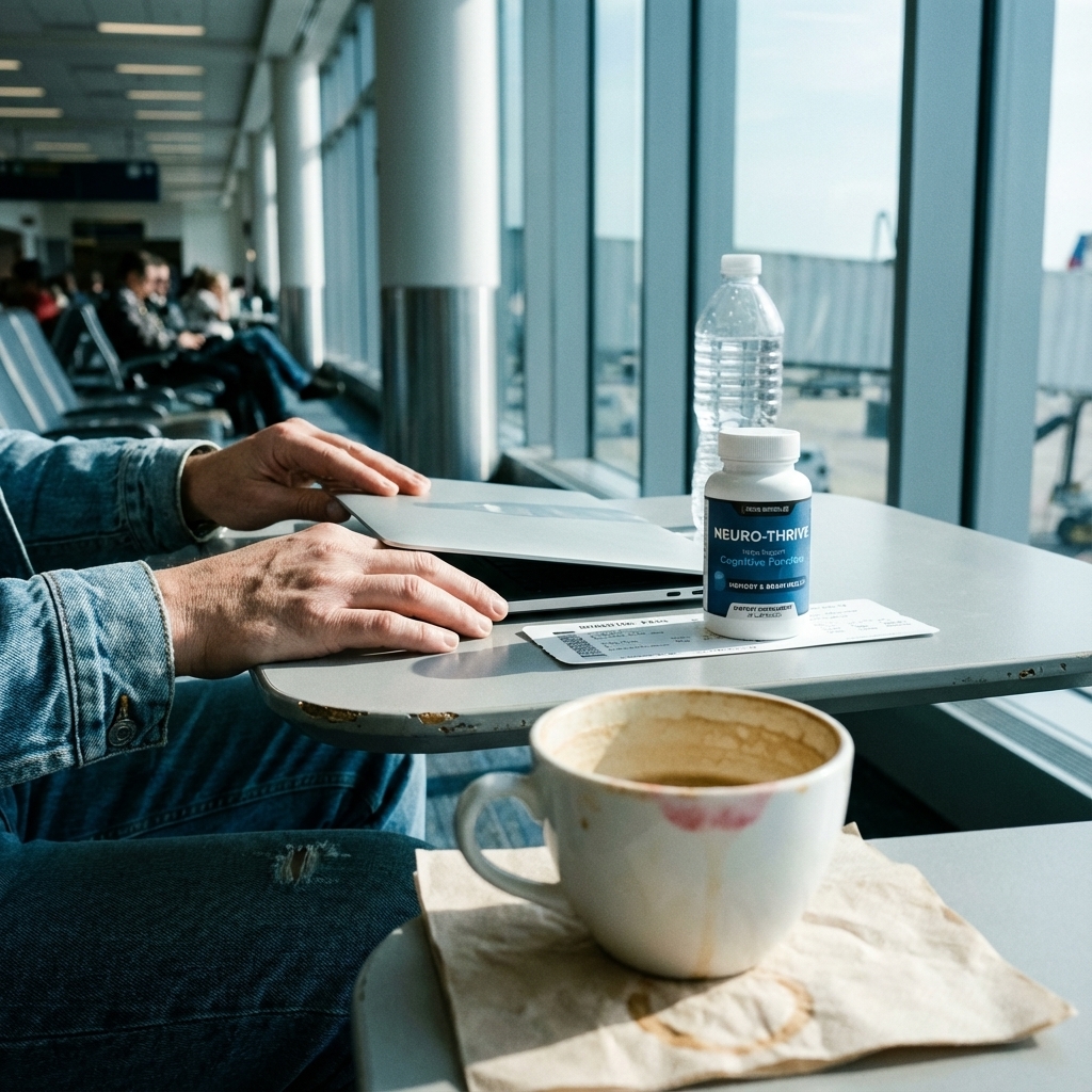 Neuro-Thrive bottle beside boarding pass and water at an airport gate, coffee pushed aside
