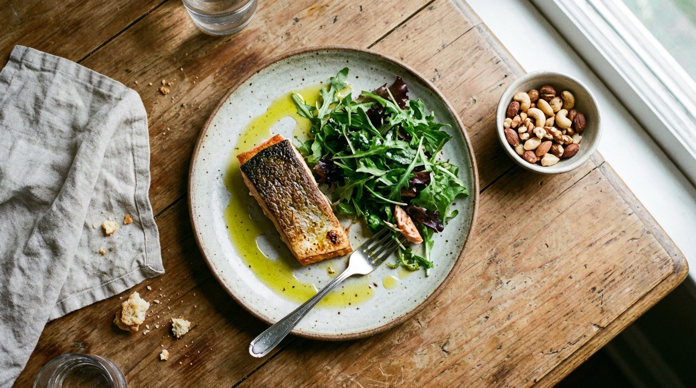 Simple meal with salmon greens and olive oil in natural light