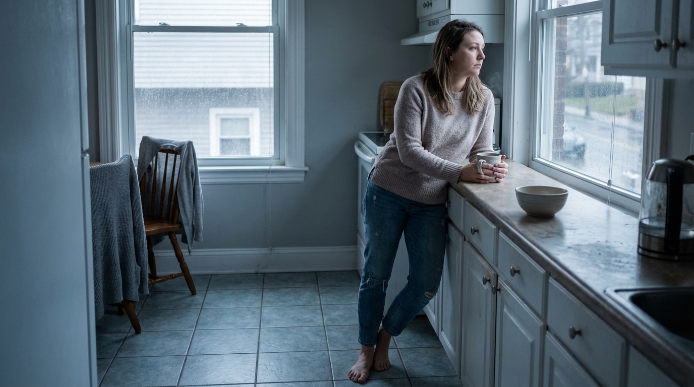 Woman holding a mug in a gray morning kitchen