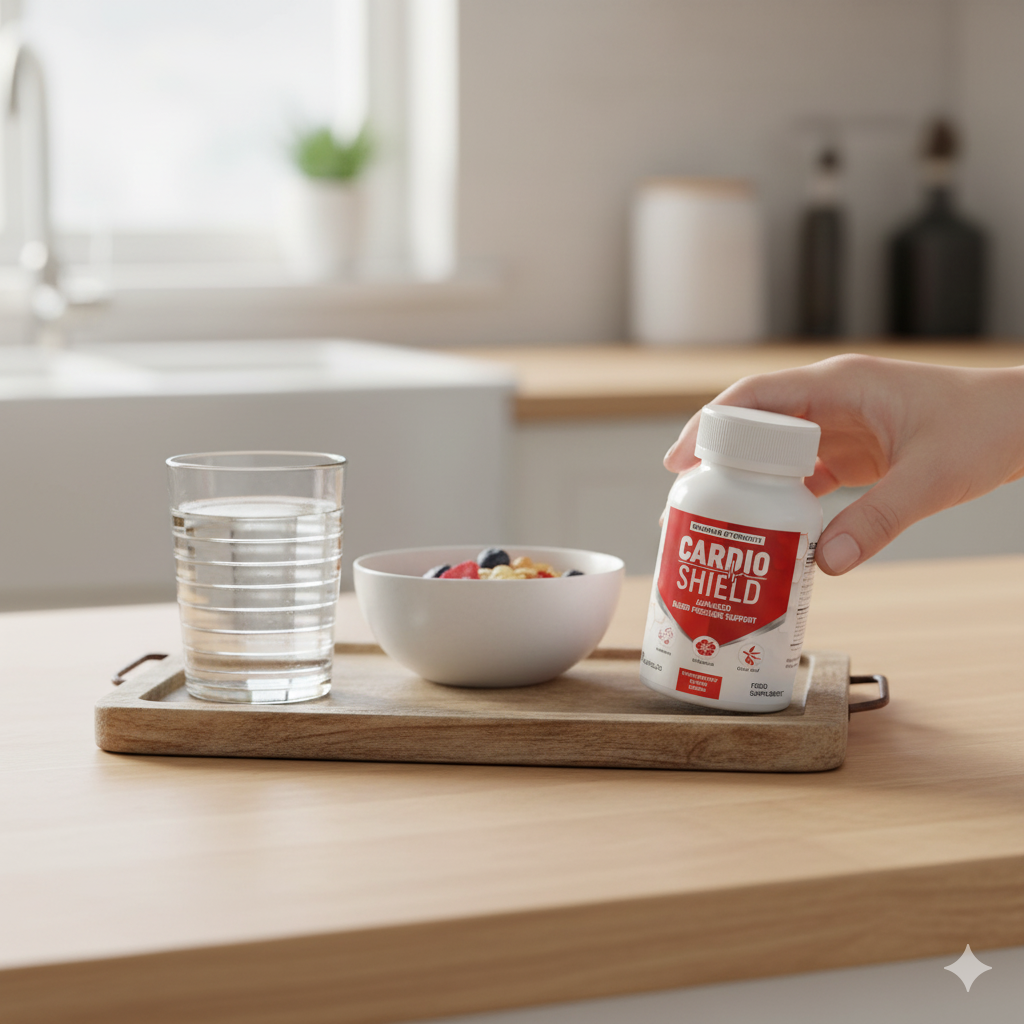 Cardio Shield bottle on a breakfast tray in morning light