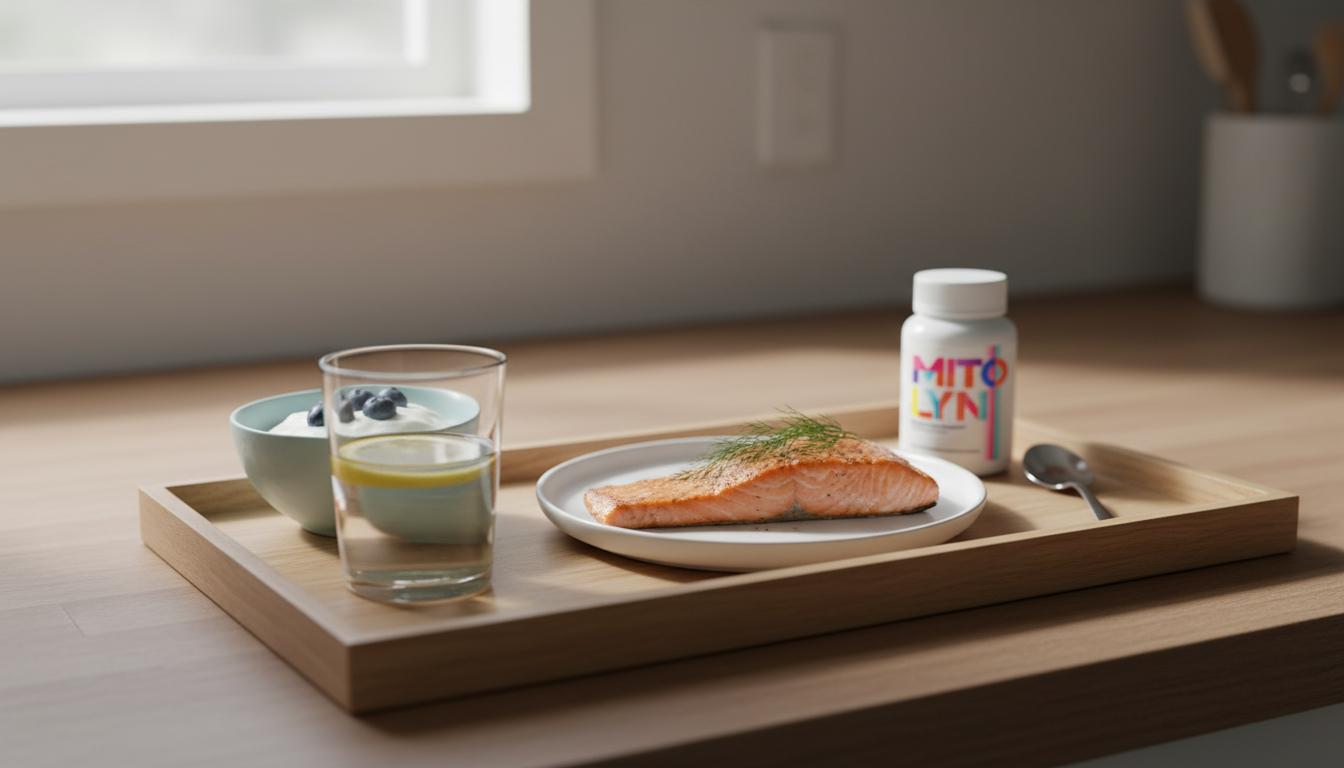 Tray with salmon, yogurt, water, and a Mitolyn bottle in soft daylight.