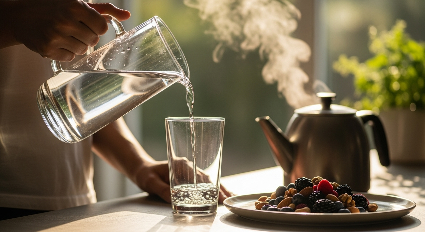 Morning water, berries, and nuts supporting cellular health and brain productivity.