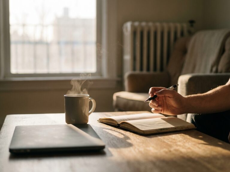 Early morning desk with notebook and rising steam in natural light