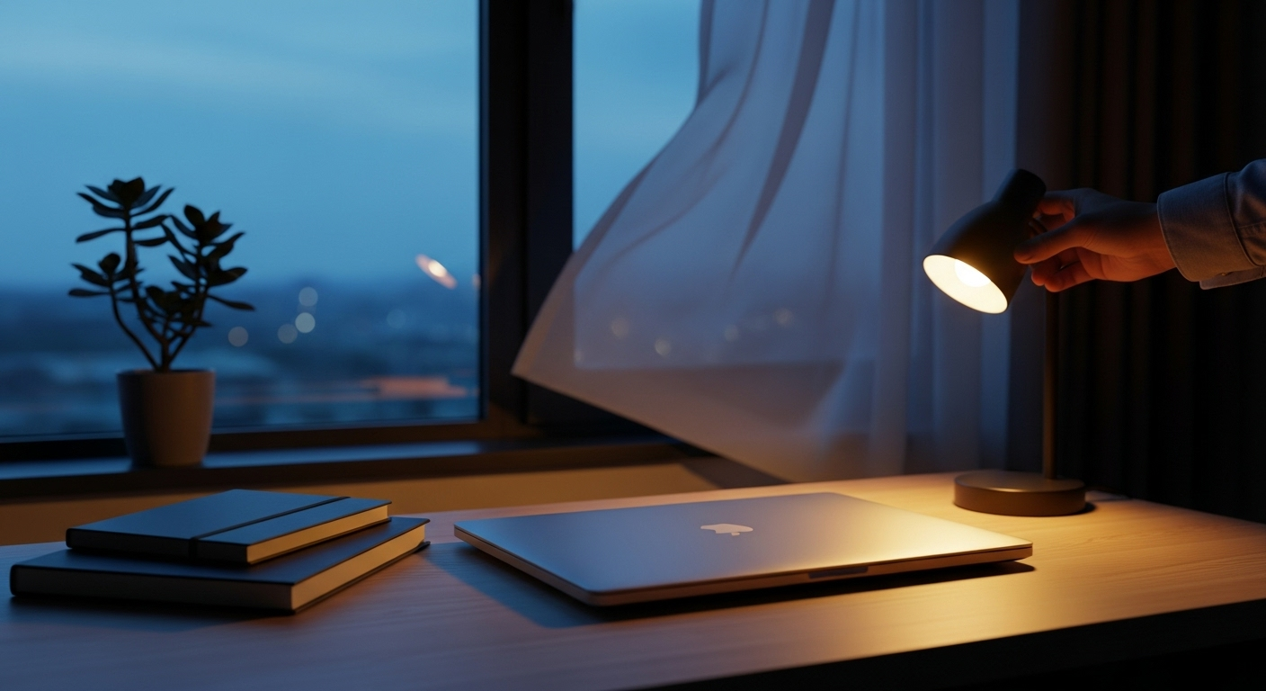 Blue-hour tidy desk signaling closure and restored brain productivity.