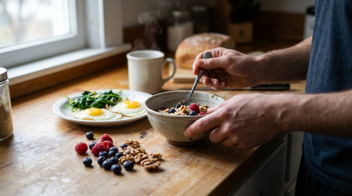 Hands preparing a simple colorful breakfast with berries, oats, and eggs in natural light