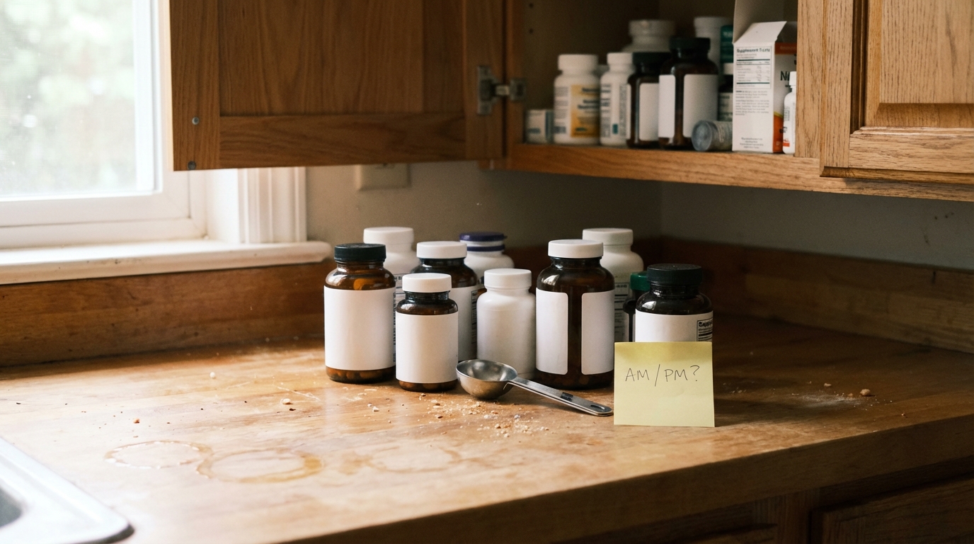 A cluttered counter with many supplement bottles