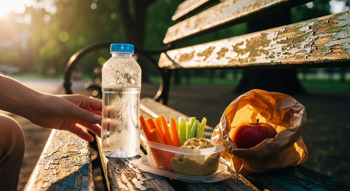 Water and crisp snacks on a park bench