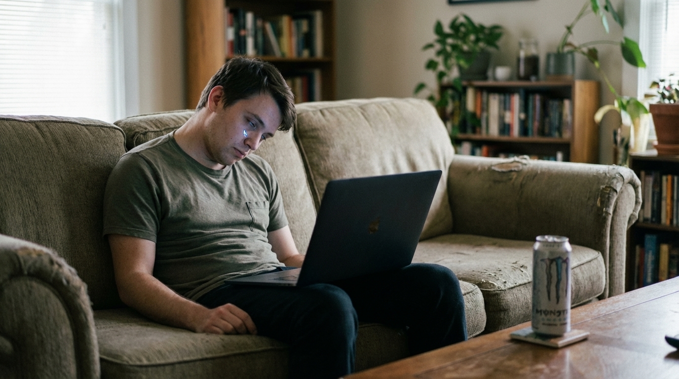 A person staring at a laptop on a couch in afternoon light