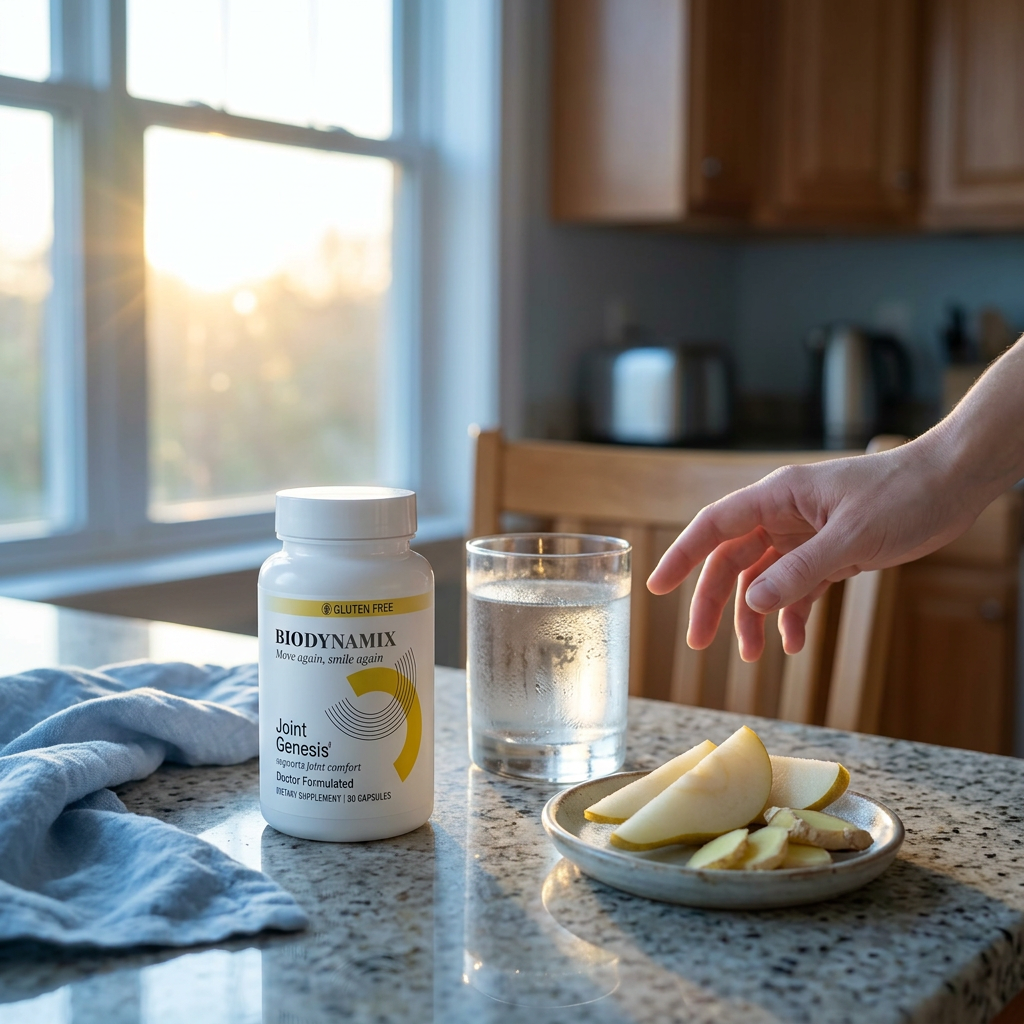 Supplement bottle beside cool water in early sunrise light on a quiet kitchen counter