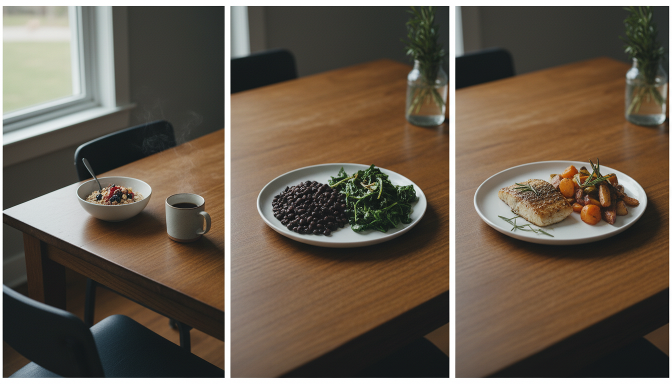 Table set with breakfast, lunch, and dinner plates in soft natural light.