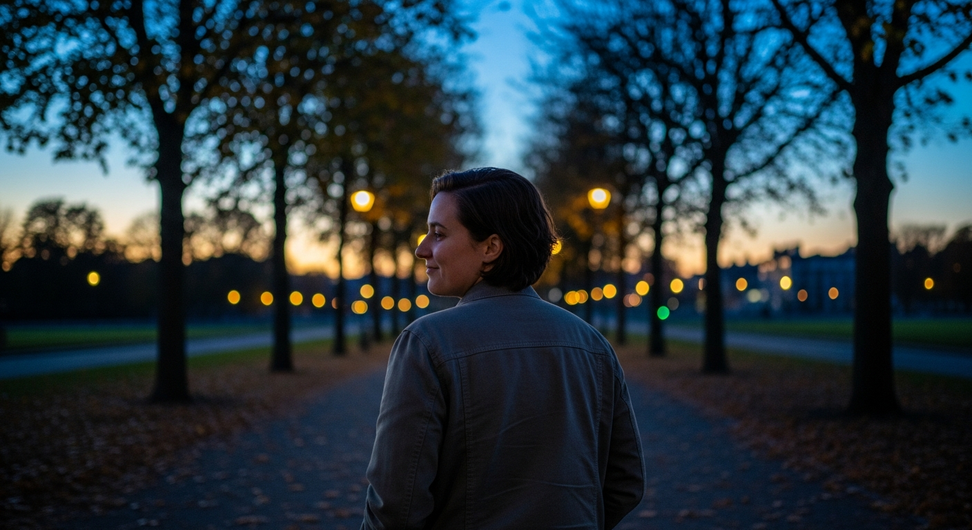 Person walks along a tree-lined path at dusk, looking calm and relaxed.