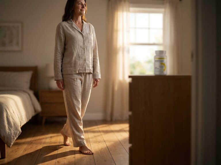 Midlife adult starting the day in soft morning light with a joint comfort supplement in the background