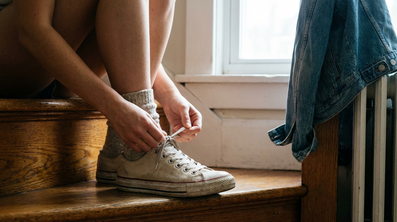 Close view of hands tying sneakers on stairs