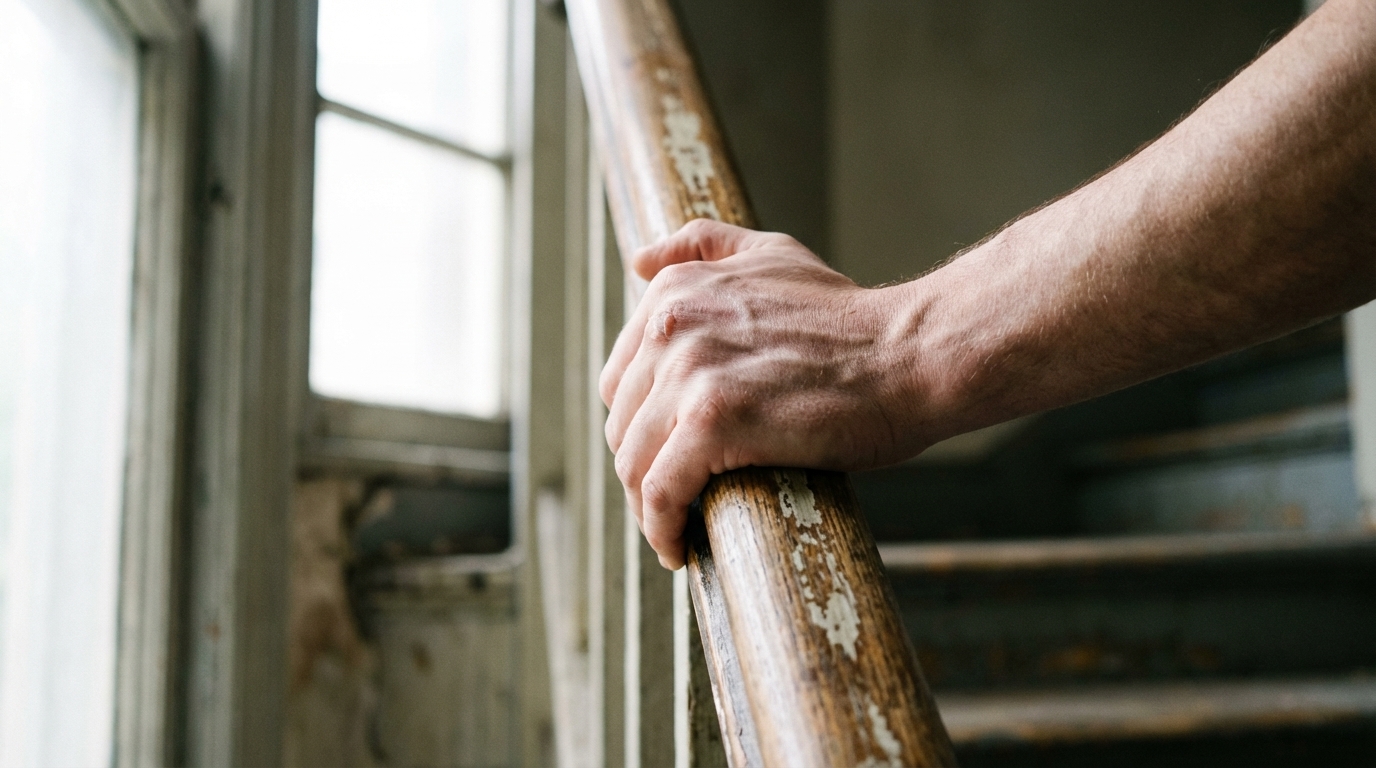 Hand gripping stair rail in daylight