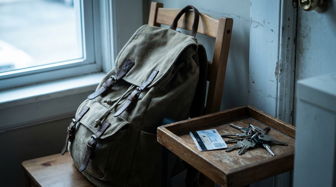 Keys and bag by door in morning light