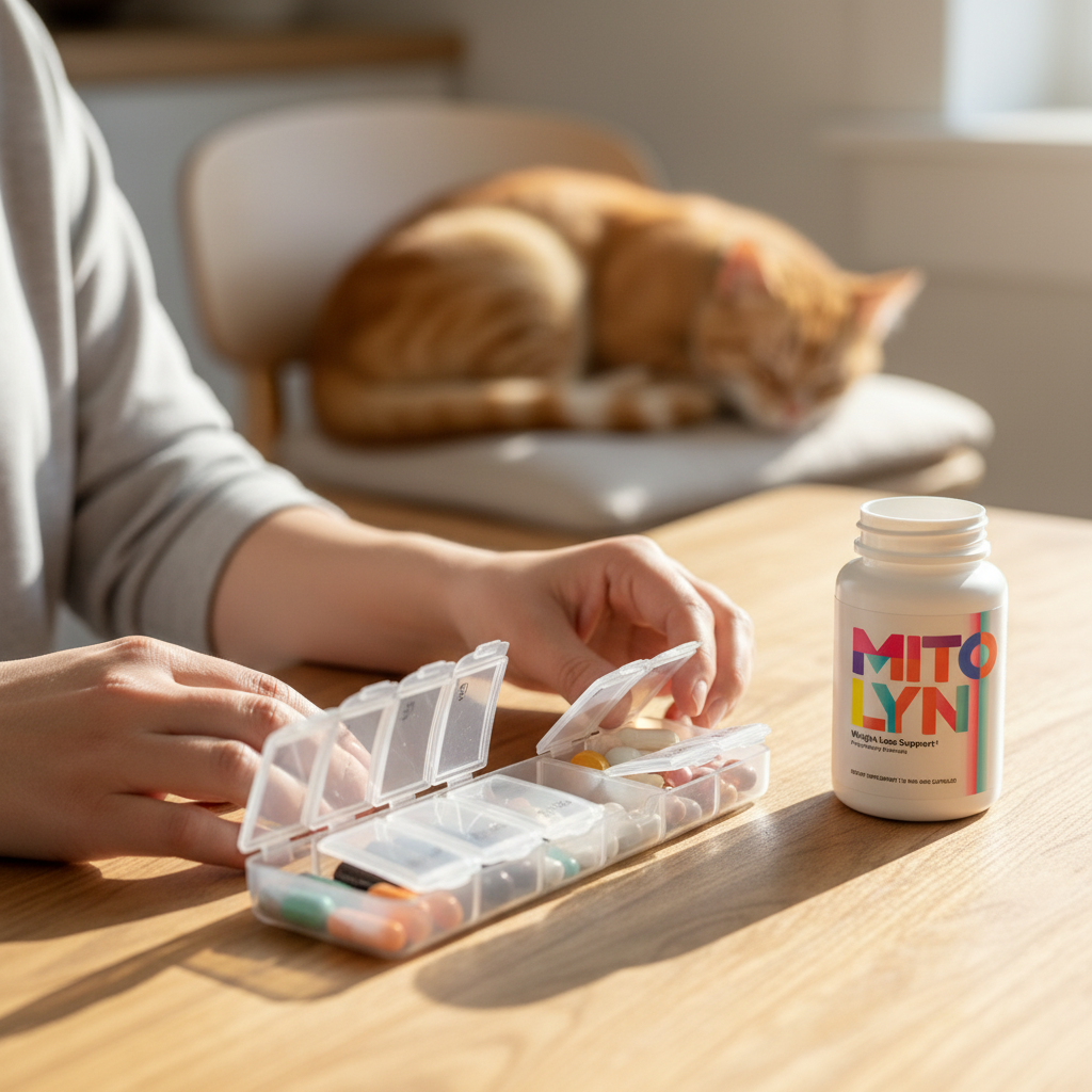 Hands placing Mitolyn capsules into a weekly pill organizer in morning light.