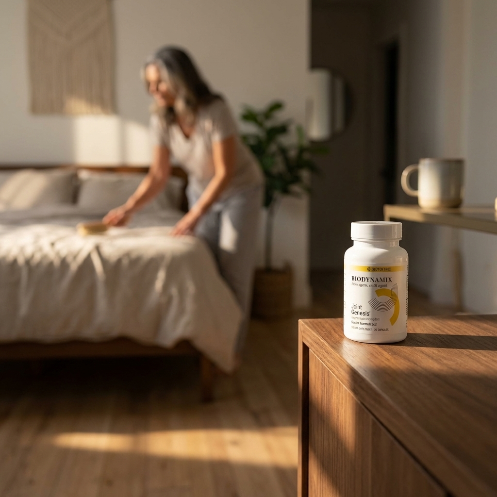 Joint comfort supplement bottle on a dresser in warm sunrise light