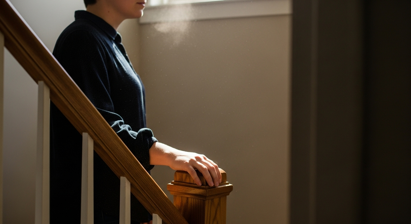 Brief pause on the stairs to catch breath