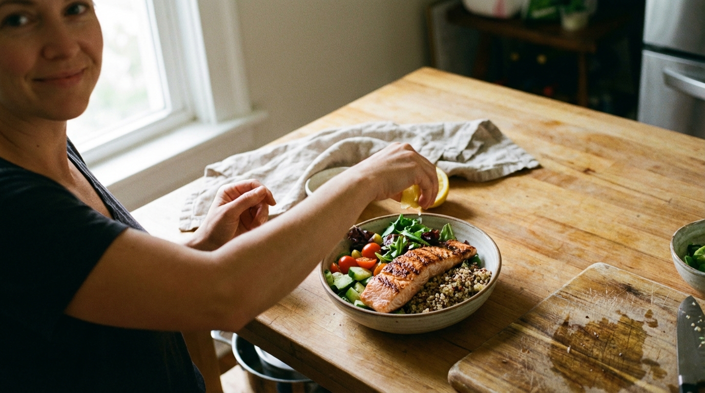 Woman plating a colorful salmon bowl in natural light