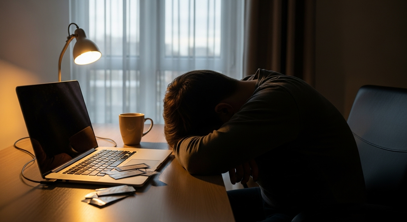 Tired worker slumped at desk, afternoon crash undermining brain productivity.