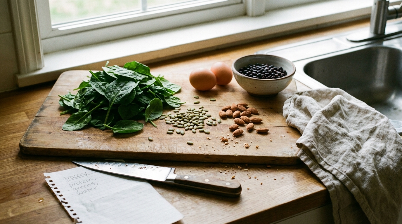 Simple nutrient-rich foods on a kitchen cutting board in natural light