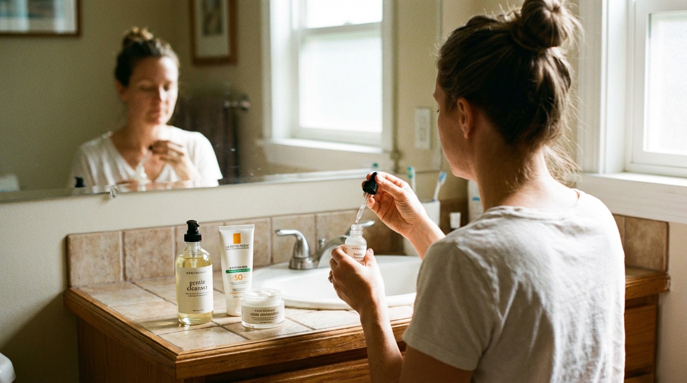 Woman doing simple skincare routine at sink
